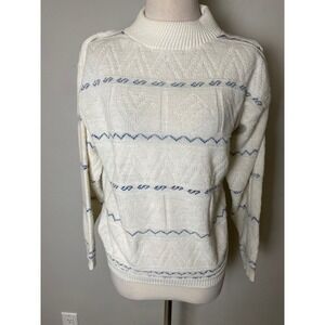 Vintage Spunky Mock Neck Knit Sweater Cream Blue Geometric Made in USA 70s 80s